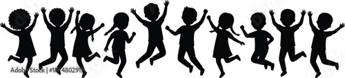 Joyful jumping children silhouettes, happy kids playing together, childhood fun, friendship, energy, freedom, unity, celebration, black figures
