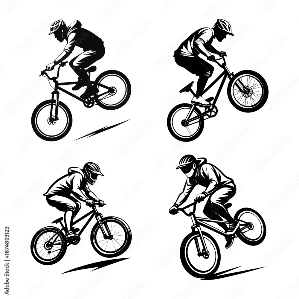 Fototapeta premium Dynamic Mountain Bike Stunt Series: Four Riders Performing Tricks and Jumps Silhouettes
