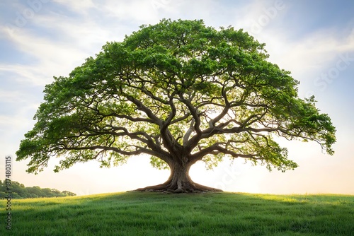 Majestic Tree with Lush Green Foliage Against Dramatic Sky at Sunrise or Sunset
