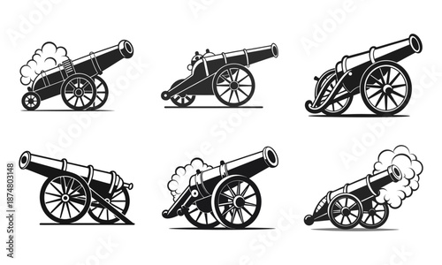 Six Classic Cannons Illustrations Showing Different Angles and Styles of Artillery
