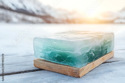 Exquisite Block of Ice on Wooden Surface Surrounded by Snow and Mountains at Sunset