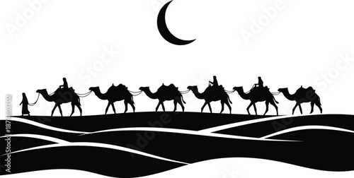 Desert camel caravan silhouette, sand dunes, crescent moon night landscape illustration
