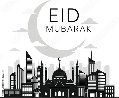 Elegant eid mubarak greeting card: mosque silhouette, modern city skyline, islamic celebration