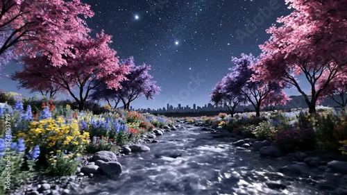 Night scene with river and flowers.