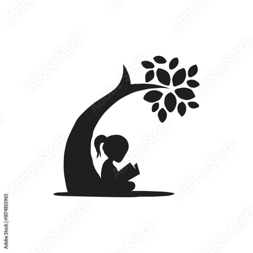 Photos image of a girl reading a book under a tree silhouette illustration of a child s