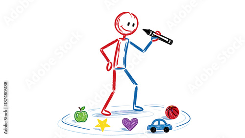 A fun cartoon illustration of a business man and a young kid person holding a microphone symbol vector design for work or sport art drawing