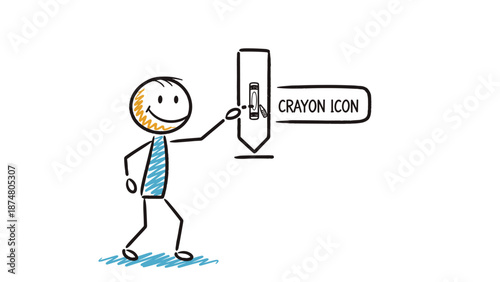 Funny cartoon businessman character drawing a business chart sketch and pointing at a vector symbol sign with one hand for a fun work illustration