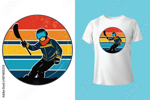skier descending with powder trails on retro rays t shirt design