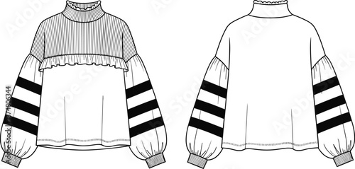 Technical CAD drawing flat vector illustration of a women's turtleneck sweatshirt with ruffle yoke puffed striped sleeves and ribbed trims