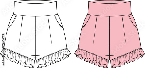 Technical CAD drawing flat vector illustration of women's high waisted shorts with wide waistband side pockets and ruffled hem for fashion