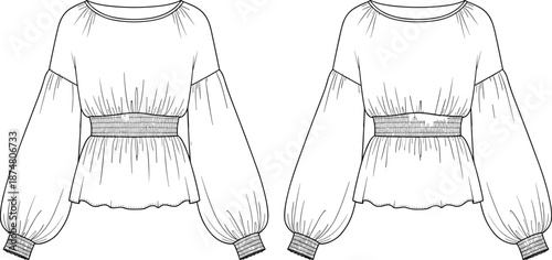Technical CAD flat sketch of a women’s bohemian blouse featuring smocked waist, voluminous balloon sleeves, wide neckline, and peplum hem, fashion vector illustration