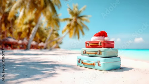 Wallpaper Mural vintage suitcases on beach with palm trees and blue sky backgroundvintage turquoise suitcases with orange handlessuitcases. Torontodigital.ca