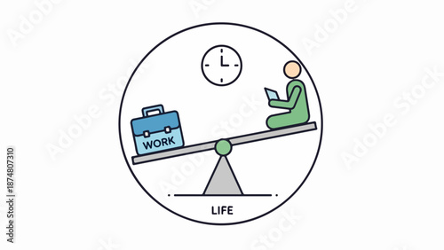 Minimalist circular composition with seesaw motif representing work-life balance