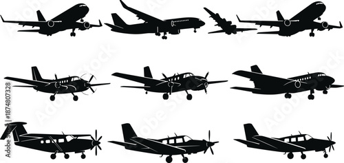Black Airplane Silhouettes Set with Commercial Passenger Jets Private Propeller Planes and Small General Aviation Aircraft Icons for Vector Design