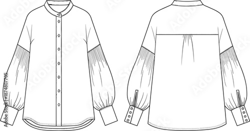 Women blouse cad drawing flat vector illustration, front back view fashion technical sketch, button up shirt design template apparel