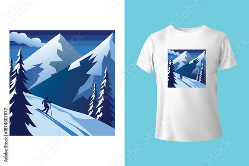 Snowboarder in Action T Shirt Design with Frosted Horizons and Mountain Landscape Vector Illustration Isolated on White Background Adventure and Conquer the Peaks