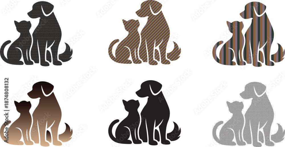 Fototapeta premium Six stylized dog and cat silhouettes display varied textures and patterns, showcasing creative pet-themed graphic design styles