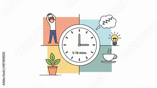 Vibrant pastel illustration of a clock with 5-10 mins, plant, coffee cup, and female figure stretching