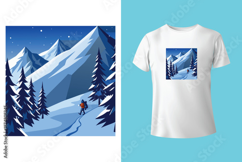 Snowboarder in Action T Shirt Design with Frosted Horizons and Mountain Landscape Vector Illustration Isolated on White Background Adventure and Conquer the Peaks