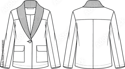 Women tailored blazer cad drawing flat vector illustration, front back view fashion technical sketch, formal jacket design template