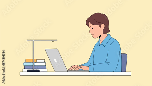Professional woman working on laptop at modern desk with books and lamp