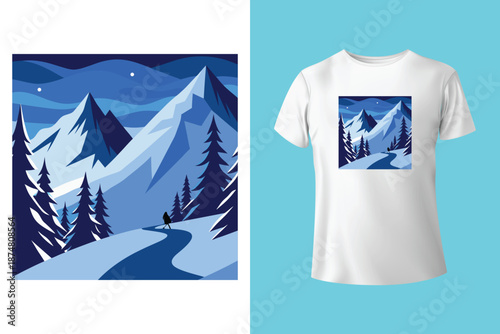 Snowboarder in Action T Shirt Design with Frosted Horizons and Mountain Landscape Vector Illustration Isolated on White Background Adventure and Conquer the Peaks