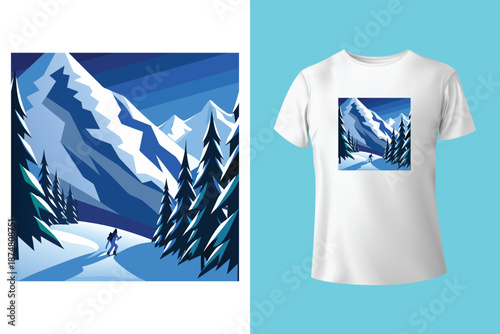 Snowboarder in Action T Shirt Design with Frosted Horizons and Mountain Landscape Vector Illustration Isolated on White Background Adventure and Conquer the Peaks