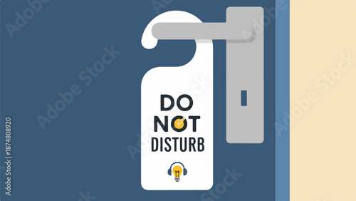 Close-up of a white door handle with a 'Do Not Disturb' sign featuring a lightbulb wearing headphones