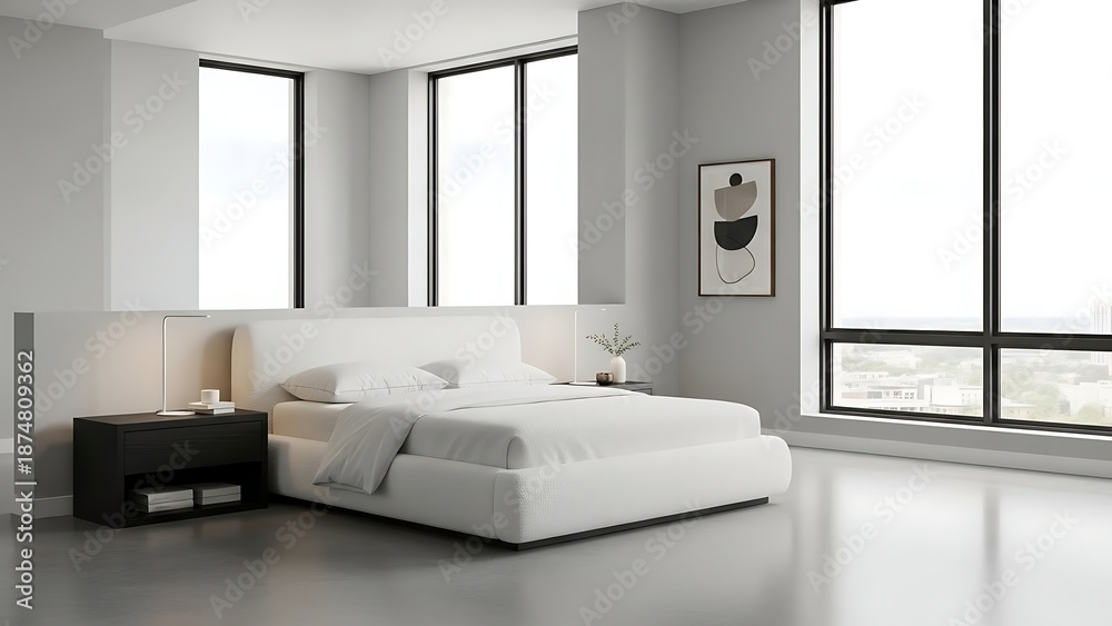 Fototapeta premium Modern Minimalist Bedroom with Large Windows and White Bed.