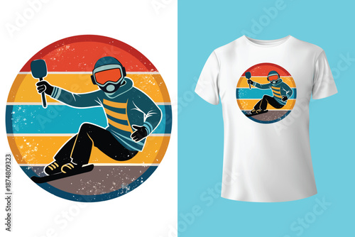 Snowboarder in Action T Shirt Design with Frosted Horizons and Mountain Landscape Vector Illustration Isolated on White Background Adventure and Conquer the Peaks
