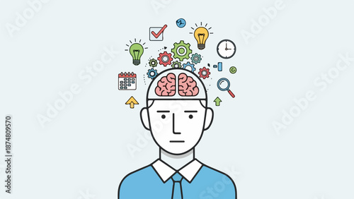Minimalist illustration of a male figure with a cerebral cortex and floating productivity icons