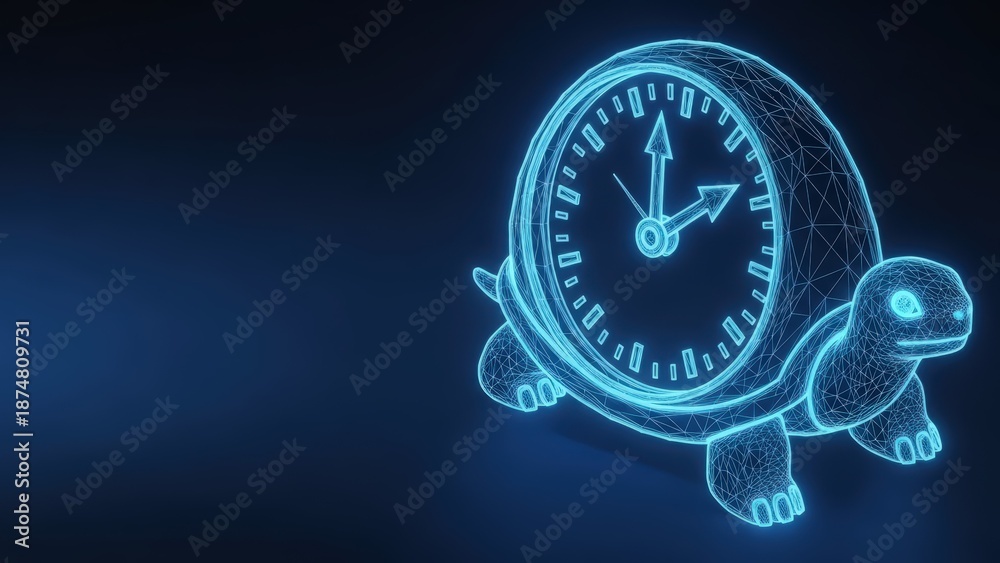 Fototapeta premium Abstract glowing blue wireframe clock face with neon outline on dark background representing futuristic time