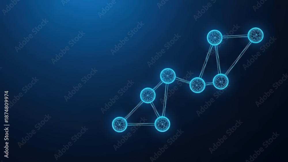 Fototapeta premium Abstract network of glowing blue nodes connected by lines against a dark blue digital background representing technology and data connections