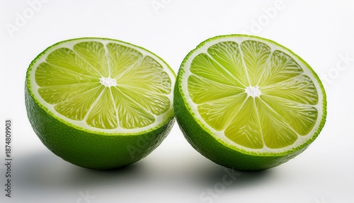 Two Fresh Green Lime Halves Sliced Showing Juicy Pulp A Vibrant Citrus Fruit On A Clean White Background