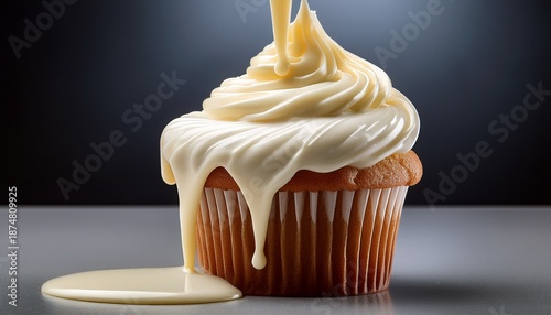 Creamy White Chocolate Glaze Spilling Down A Tall Cupcake