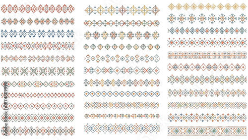 Ethnic ornamental borders in red, blue and beige, seamless geometric patterns