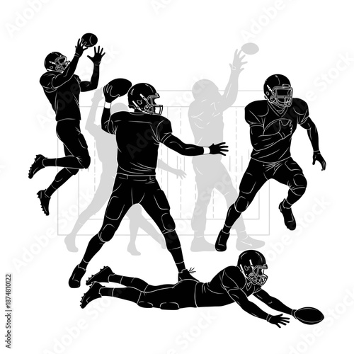 Dynamic American Football Action Poses: Catching, Throwing, and Diving Silhouettes