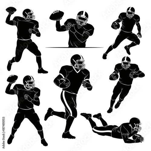 Collection of American Football Player Silhouettes in Various Action Poses