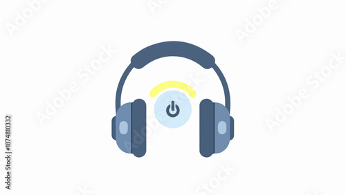 Minimalist headphones with blue-gray color scheme and yellow sound wave accent on light gray background
