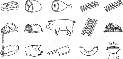  Outline set of black and white vector pork icons collection