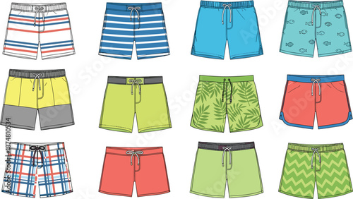 Set of men's swim trunks and board shorts illustrations with various colorful patterns stripes tropical leaves and solid summer designs