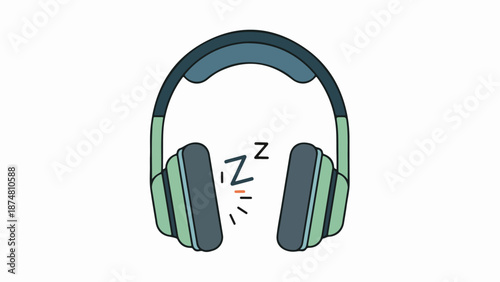 Stylized cartoon headphones with muted green headband and gray ear cups, featuring a sleeping face illustration
