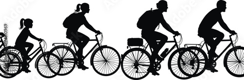 Silhouette of a family with children riding bicycles together in a row outdoors for active lifestyle and healthy summer recreation.