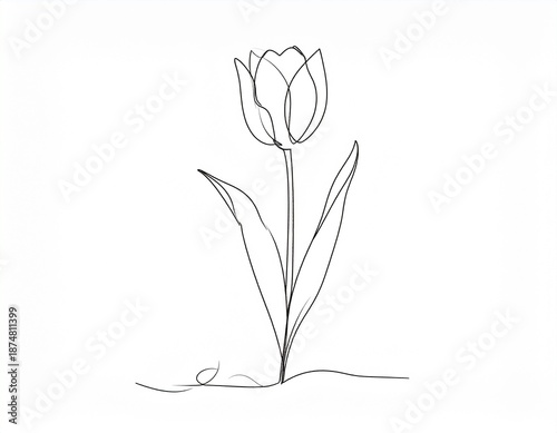 Elegant Line Drawing of a Tulip Flower - Simple Botanical Illustration on White Background.