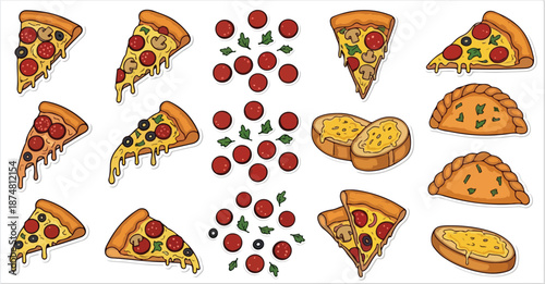 A vibrant and appetizing collection of delicious Italian pizza slices, fresh basil leaves, and golden garlic bread, perfect for food blogs and menus