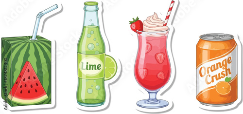 Colorful assortment of refreshing beverages including a watermelon juice box, lime soda, strawberry cocktail, and orange drink can, perfect for summer