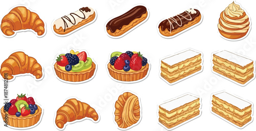 A delightful assortment of delicious French pastries, including croissants, tarts, and eclairs, perfect for a sweet treat or breakfast indulgence