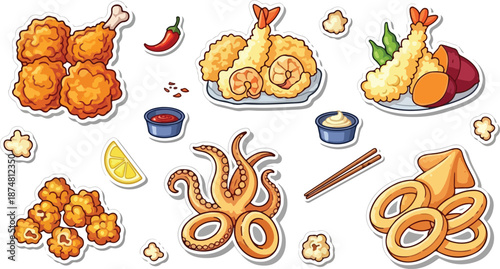 Delicious Japanese Cuisine Collection Fried Seafood, Sweet Potato Tempura, and Octopus Appetizers
