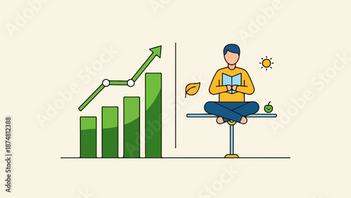 Minimalist illustration of a person reading a book with a bar graph showing progress