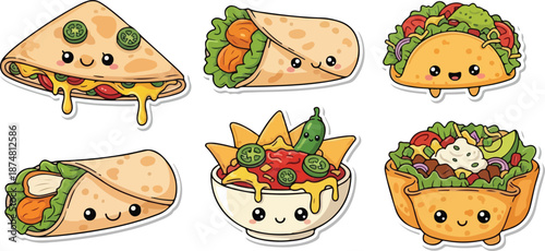 Charming Kawaii Mexican Food Illustrations, Featuring Quesadillas, Burritos, Tacos, Nachos, and More, for a Fun and Festive Culinary Theme